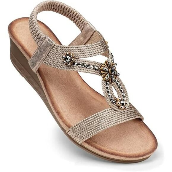 SHIBEVER Wedge Sandals Women Rhinestone Flower Low Heel Summer Shoes - Picture 7 of 7